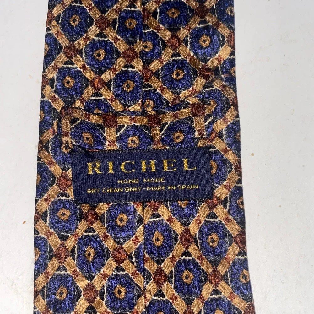 RICHEL Hand Made in Spain Men's Necktie Blue‎ Brown Geometric Pattern